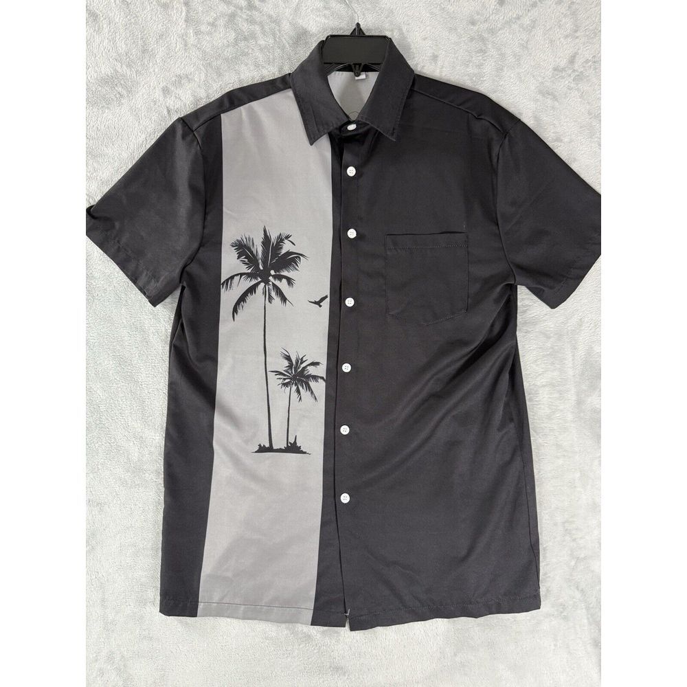 Cromoncent Shirt Mens Small Black‎ Grey Palm Tree Button Up Short Sleeve